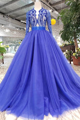 Blue Long Sleeves V Neck Tulle Corset Prom Dresses with Beading outfit, Bridesmaid Dresses Long Sleeves