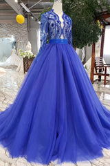 Blue Long Sleeves V Neck Tulle Corset Prom Dresses with Beading outfit, Bridesmaid Dresses Long Sleeve