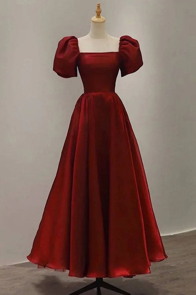 Burgundy A Line Long Corset Prom Dress with Short Sleeves, New Party Gown Outfits, Party Dress Couple