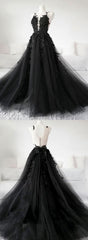 Chic Pretty Black Tulle Applique Long Corset Prom Dress, Black Evening Dress, C0730 outfit, Formal Dress Boutiques Near Me