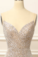 Silver Sequins Long Corset Prom Dress with Slit Gowns, Prom Dresses Mermaide