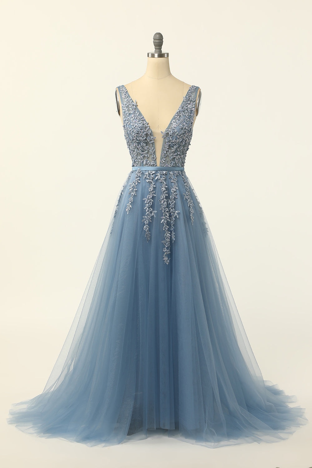 Blue Tulle Corset Prom Dress with Appliques Gowns, Ball Dress