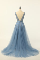 Blue Tulle Corset Prom Dress with Appliques Gowns, Spring Wedding Color