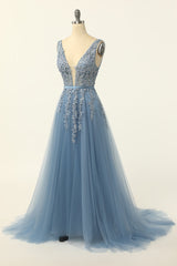 Blue Tulle Corset Prom Dress with Appliques Gowns, Mismatched Bridesmaid Dress