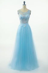 Blue Beading Tulle Corset Prom Dress outfits, Prom Dress Blue