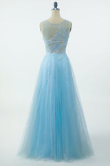 Blue Beading Tulle Corset Prom Dress outfits, Prom Dresses Blues