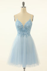 Blue A-line Cute Corset Homecoming Dress with Appliques Gowns, Prom Dresses Black Girls