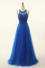 Royal Blue Tulle Corset Prom Dress with Appliques Gowns, Prom Dresses Sleeves