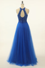 Royal Blue Tulle Corset Prom Dress with Appliques Gowns, Prom Dresses Sleeve