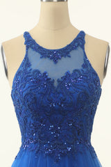 Royal Blue Tulle Corset Prom Dress with Appliques Gowns, Prom Dress Sleeves