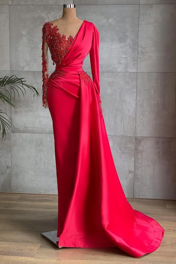 Gorgeous Red Long Sleeve Mermaid Evening Dress Lace Appliques Corset Prom Gown Ruffles Gowns, Party Dress New