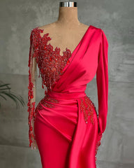Gorgeous Red Long Sleeve Mermaid Evening Dress Lace Appliques Corset Prom Gown Ruffles Gowns, Party Dress Outfit Ideas