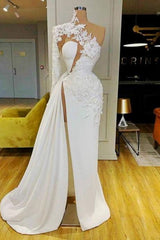 Gorgeous One Shoulder Long Sleeve Corset Prom Dress With Lace Appliques Side Slit outfit, Party Dresses Designer