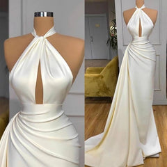 Ivory Halter Long Evening Corset Prom Dress With Split Detachable Train outfit, Party Dresses With Sleeves