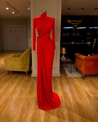Glamorous High Neck Long Sleeve Red Corset Prom Dress Long With Split outfit, Party Dresses For Teen