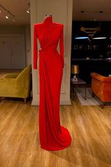 Glamorous High Neck Long Sleeve Red Corset Prom Dress Long With Split outfit, Party Dress For Teens