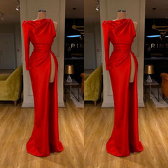One-shoulder Long sleeves High-split Soft pleated Red Corset Prom Dress outfits, Party Dress For Teen