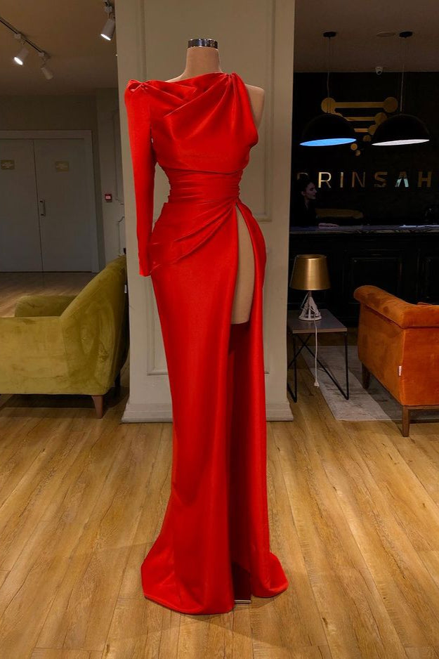 One-shoulder Long sleeves High-split Soft pleated Red Corset Prom Dress outfits, Party Dress Ladies