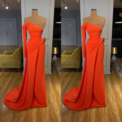 Long sleeves Strapless Orange Sequined Long Corset Prom Dress outfits, Party Dress Outfits Ideas