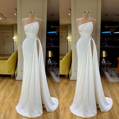 Strapless Creamy White High-split Pleated Long Corset Prom Dress outfits, Party Dress Brands