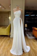 Strapless Creamy White High-split Pleated Long Corset Prom Dress outfits, Party Dresses 2043