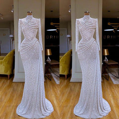 Sparkle White Sequin Long sleeves Pleated Long Corset Prom Dress outfits, Party Dress Bridal