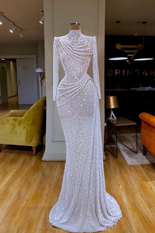 Sparkle White Sequin Long sleeves Pleated Long Corset Prom Dress outfits, Party Dress Large Size