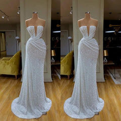 Plunging V-neck Sparkle White Sequined Strapless Corset Prom Dress outfits, Party Dress Lace