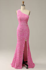 Fuchsia Sequined One Shoulder Mermaid Corset Prom Dress With Slit Gowns, Bridesmaid Dress Red