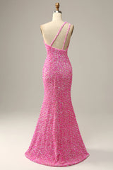 Fuchsia Sequined One Shoulder Mermaid Corset Prom Dress With Slit Gowns, Bridesmaids Dresses Red