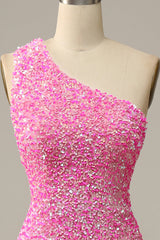 Fuchsia Sequined One Shoulder Mermaid Corset Prom Dress With Slit Gowns, Wedding