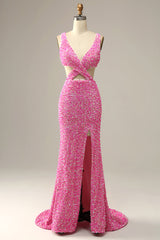 Fuchsia Sequined V-Neck Cut Out Corset Prom Dress outfits, Bridesmaids Dress Chiffon