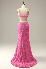 Fuchsia Sequined V-Neck Cut Out Corset Prom Dress outfits, Bridesmaid Dress Chiffon