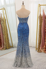 Sparkly Ombre Blue Mermaid Strapless Long Sequin Corset Prom Dress outfits, Prom Dresses Sleeve