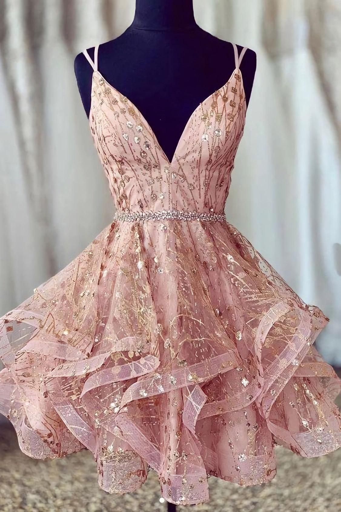 A Line Spaghetti Straps Lace Up V Neck Pink Corset Homecoming Dress, With Sequins Gowns, Evening Dresses 2028