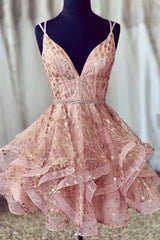 A Line Spaghetti Straps Lace Up V Neck Pink Corset Homecoming Dress, With Sequins Gowns, Evening Dresses 2028
