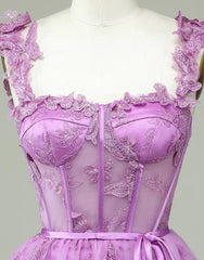 Cute Purple A-Line Lace Up Tulle Corset Homecoming Dress With Appliques Gowns, Formal Dresses Pink