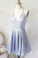Cute Light Blue V Neck Satin Short Light Blue Corset Homecoming Dresses outfit, Formal Dresses Winter