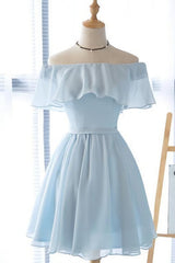 Cute Light Blue Off The Shoulder Short Corset Prom Dresses, Chiffon Corset Homecoming Dresses outfit, Backless Prom Dress