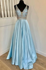 Elegant Light Blue A-line Beaded Long Corset Prom Dress outfits, Party Dress In White