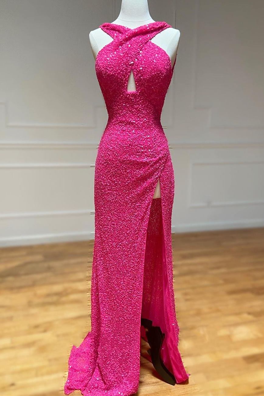 Cross Front Hot Pink Sequins Mermaid Long Corset Formal Dress outfit, White Wedding