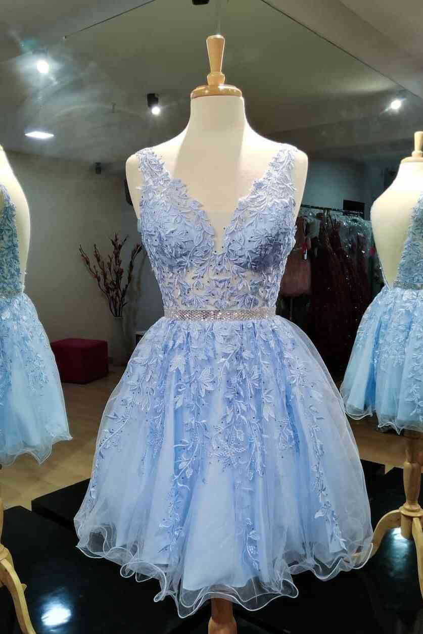 Blue Sleeveless Rolled Lace V-Neck Short Corset Prom Dresses, Corset Homecoming Dresses outfit, Bridesmaids Dress Short