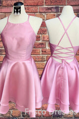 Candy Pink Spaghetti Straps Sleeveless Stain Short Corset Prom Dresses, Corset Homecoming Dresses outfit, Party Dress Lady
