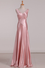 Pink V Neck Satin Backless Long Party Dress Corset Bridesmaid Dress outfit, Evenning Dresses Long