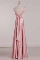 Pink V Neck Satin Backless Long Party Dress Corset Bridesmaid Dress outfit, Evening Dress Online