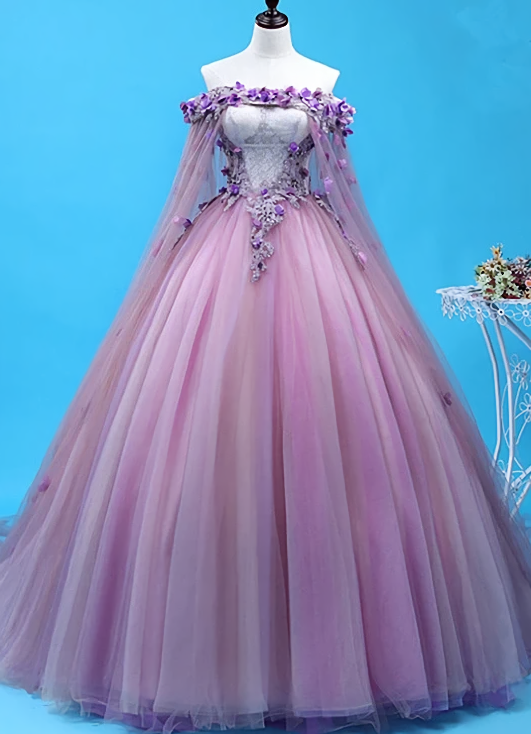 Light Purple Tulle Long Sweet 16 Gown Flowers Quinceanera Corset Prom Dress outfits, Formal Dresses For Girls