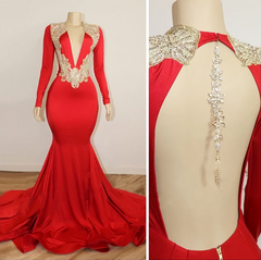 Black Girl Corset Prom Dresses, Long Sleeve Red Corset Prom Dresses With Beads Crystals V Neck Open Back Sexy Evening Gowns outfit, Formal Dresses For Black Tie Wedding