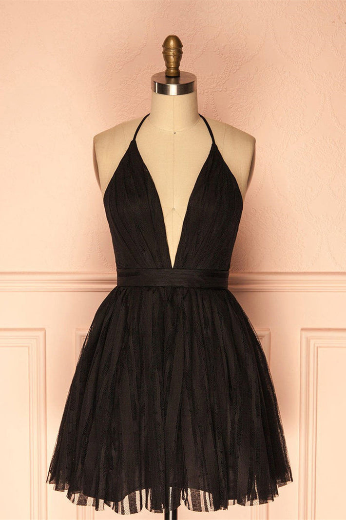 Deep V Neck Short Black Tulle Corset Homecoming Dress outfit, Party Dress Dresses