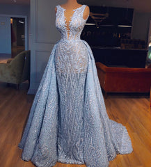 Elegant Blue Lace Sleeveless Deep V Neck Corset Prom Dresses Party Dresses outfit, Prom Dress 14