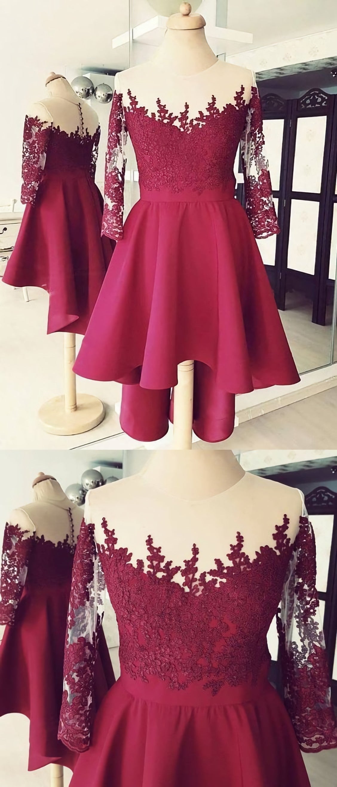 Cute High Low Lace Applique Burgundy Corset Homecoming Dress, Short Corset Prom Dress, E0744 outfit, Formal Dress For Ladies